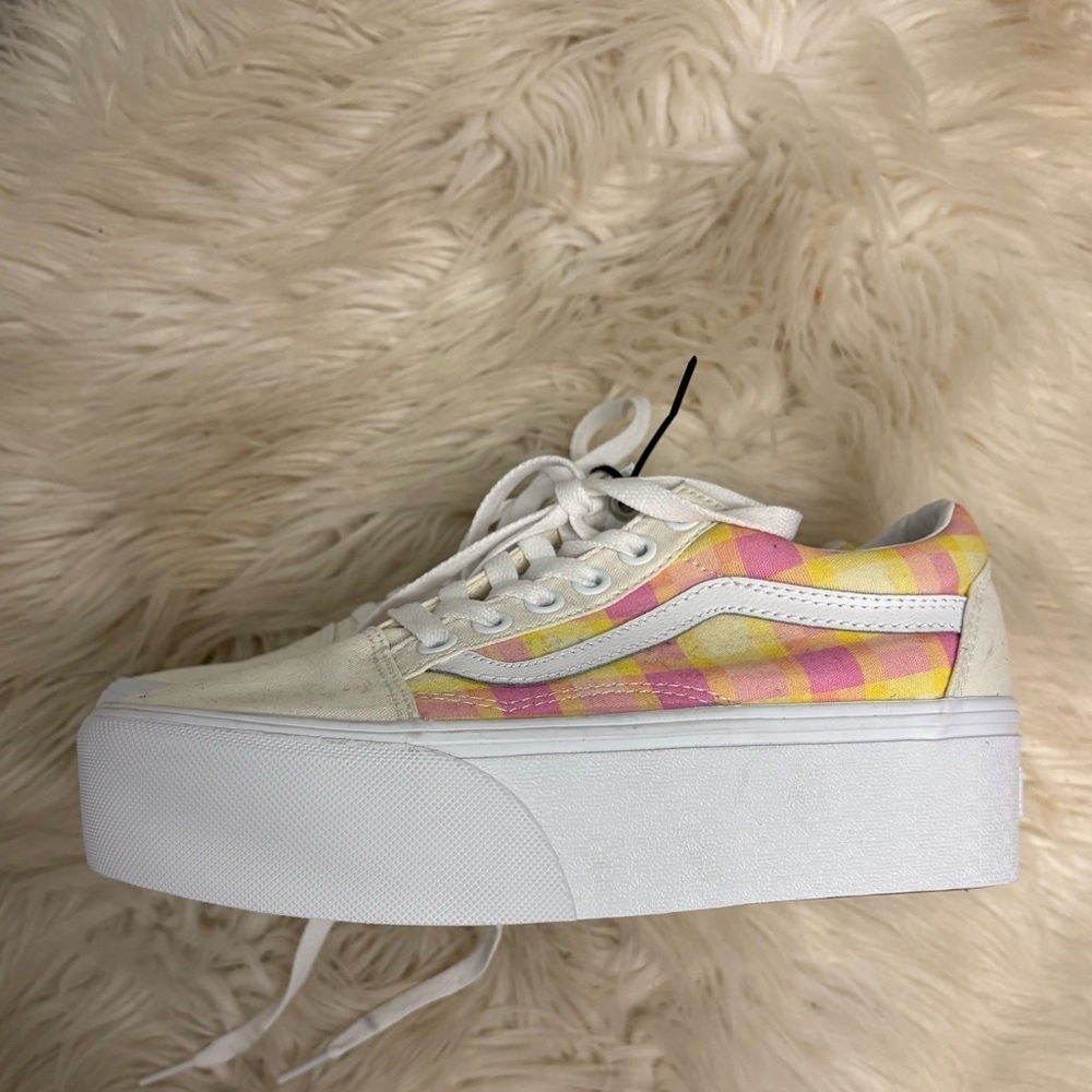 New Vans Women's OLD SKOOL STACKFORM PASTEL PICNIC PINK PLAID SNEAKERS 5 or 3.5 - Picture 4 of 8
